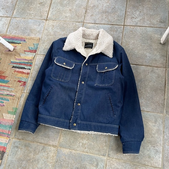 Vintage 70s JC Penney Denim Jacket Sherpa Lined High Pile Made in USA Size XL - Picture 1 of 7